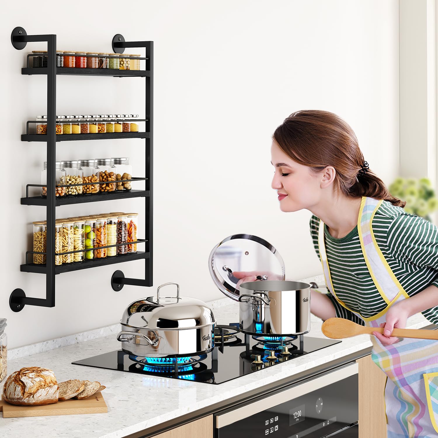 IBUYKE spice rack holds up to 80 jars for organized pantry.