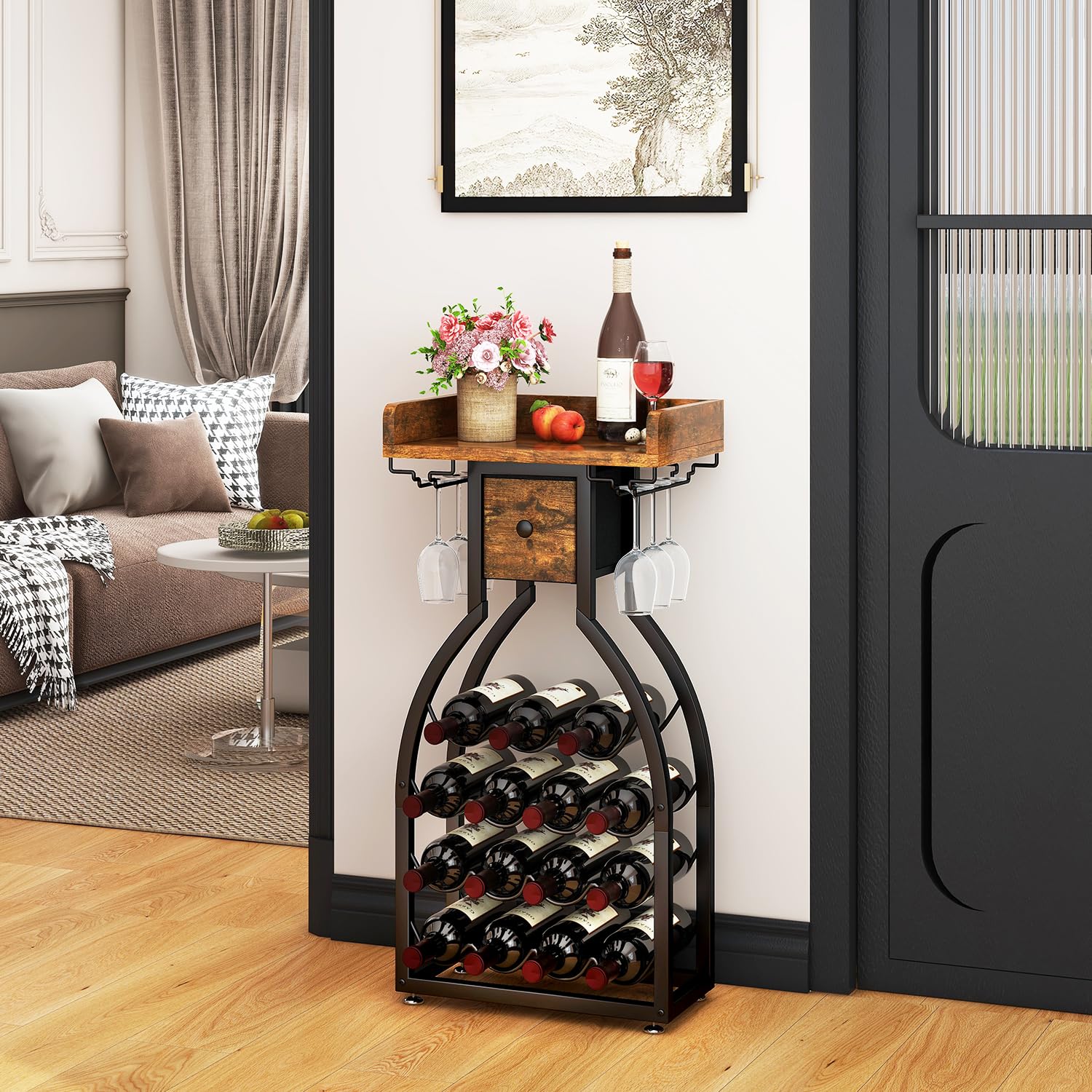 IBUYKE wine rack displays 15-bottle capacity with central drawer