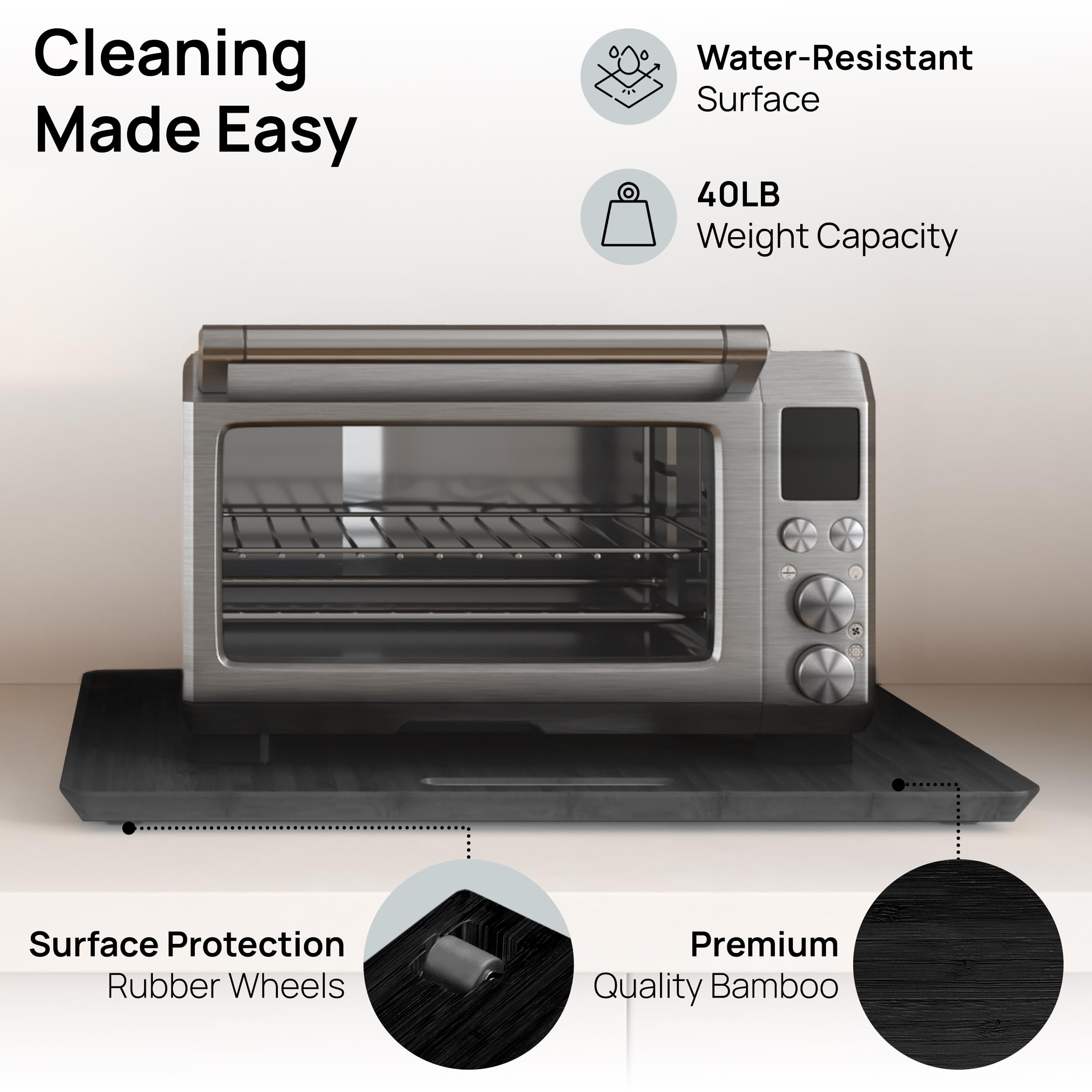 Quiet rubber wheels glide, minimizing noise during kitchen prep.