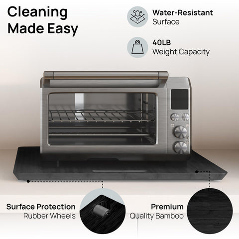 Quiet rubber wheels glide, minimizing noise during kitchen prep.