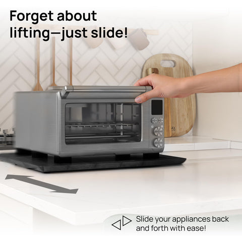 Ibyx bamboo appliance slider beside the air fryer, smooth, quiet motion for daily use.