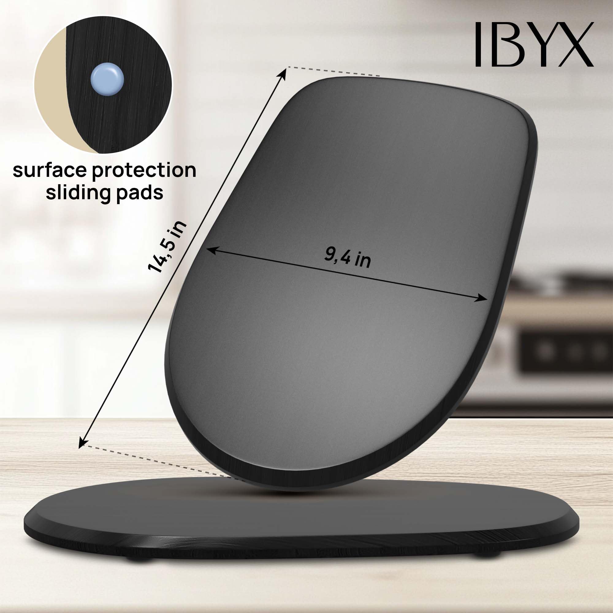 Ibyx sliding tray on the countertop promotes clutter-free space and smooth appliance movement.