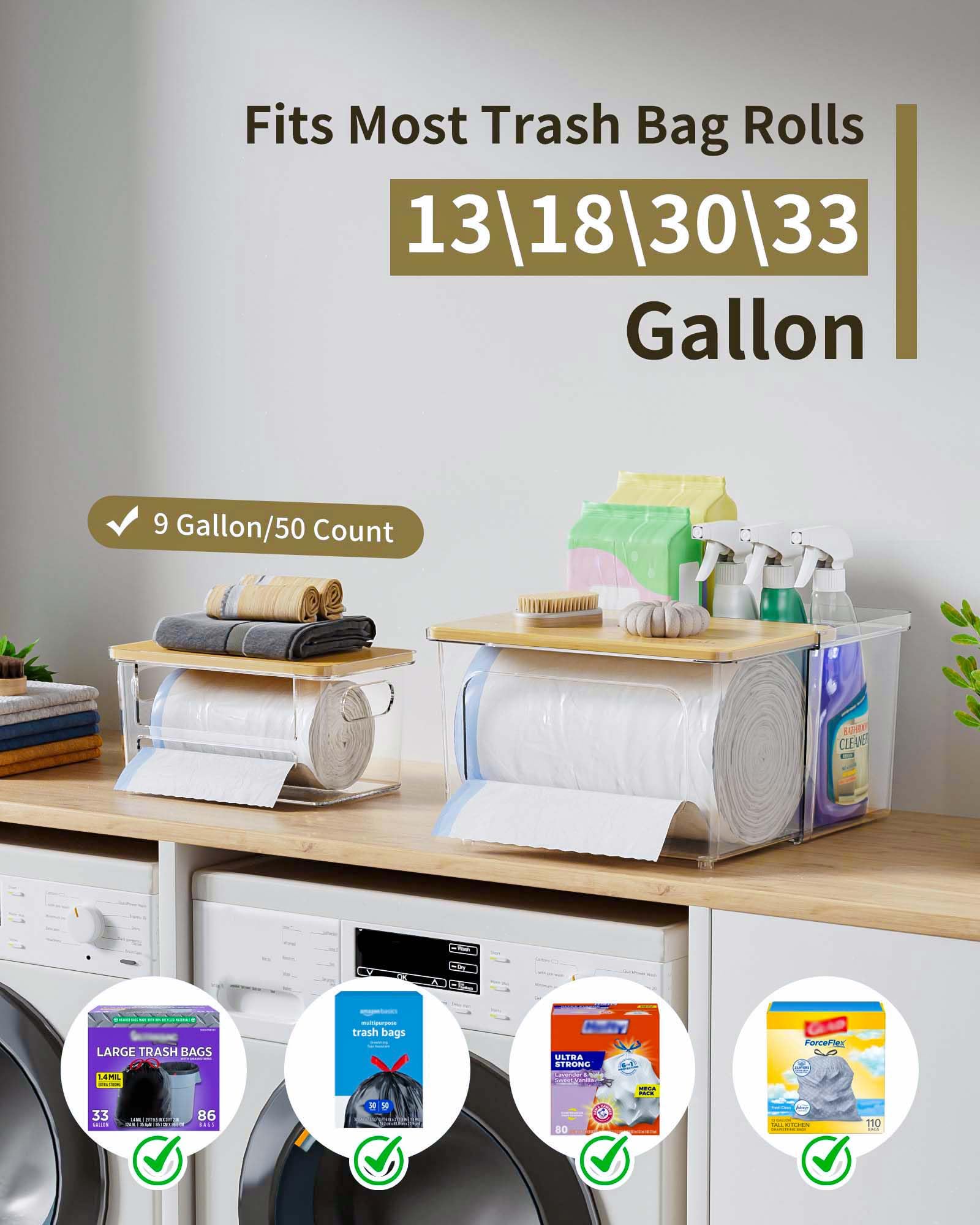 iCASA 3-in-1 trash bag dispenser back open box stores spray bottles and sponges.