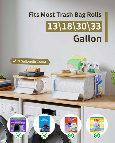iCASA 3-in-1 trash bag dispenser back open box stores spray bottles and sponges.