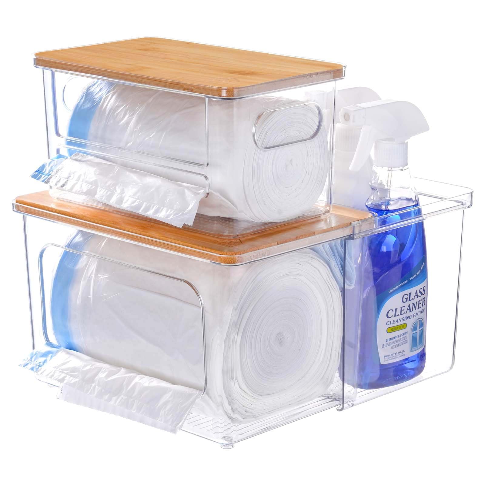 iCASA 3-in-1 trash bag dispenser front box keeps jumbo bags organized under the sink.