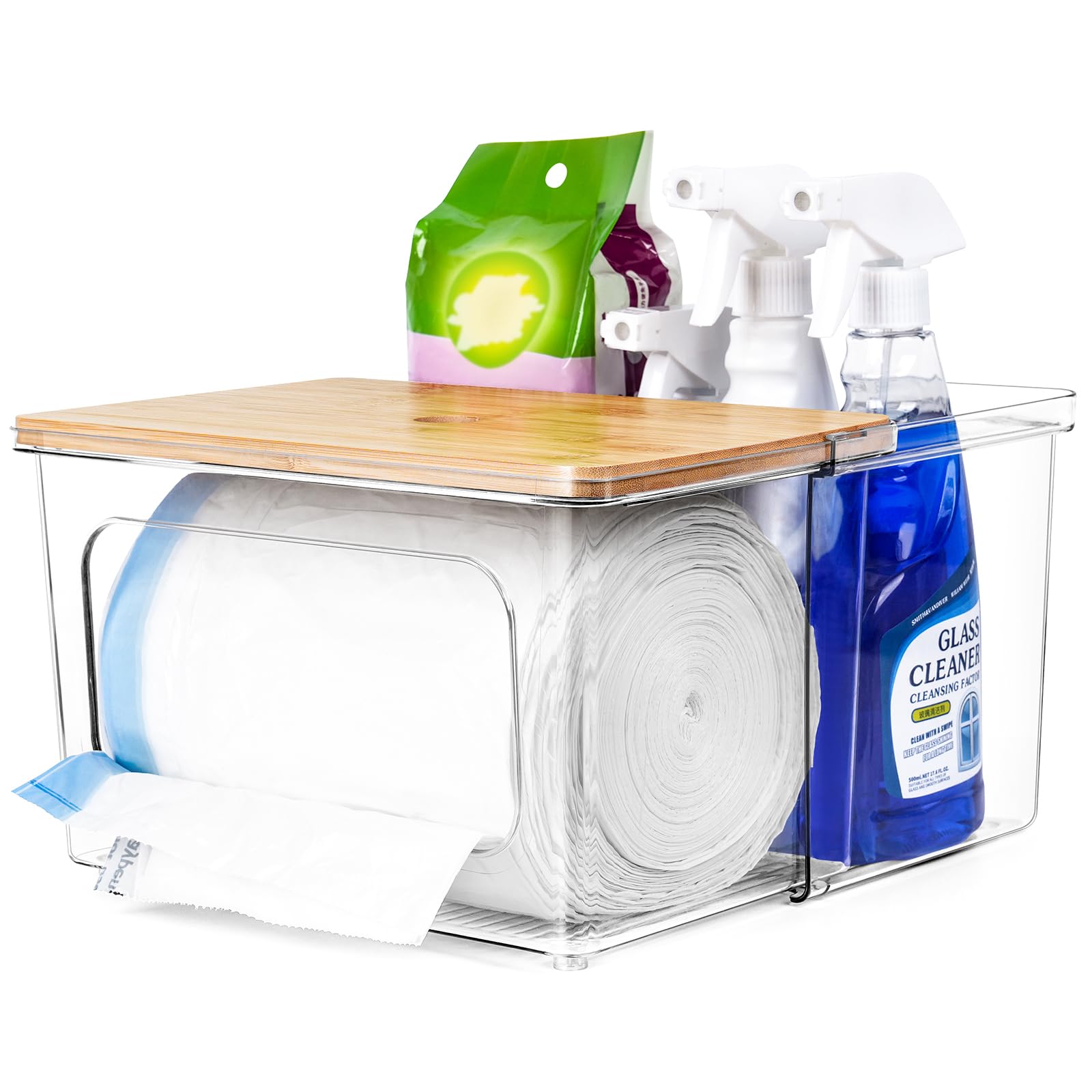 iCASA trash bag dispenser with clear box and bamboo lid keeps bags organized