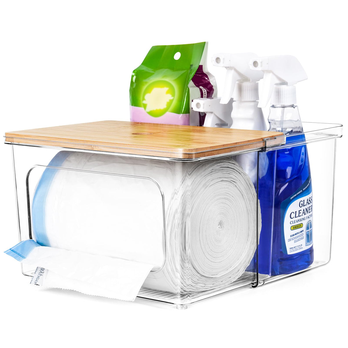 iCASA trash bag dispenser with clear box and bamboo lid keeps bags organized