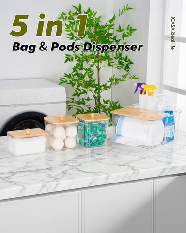 icasa trash bag dispenser with rear compartment for cleaning supplies and clutter-free counters.