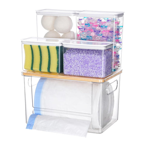 iCASA trash bag dispenser under sink with clear acrylic view for quick bag monitoring and access.