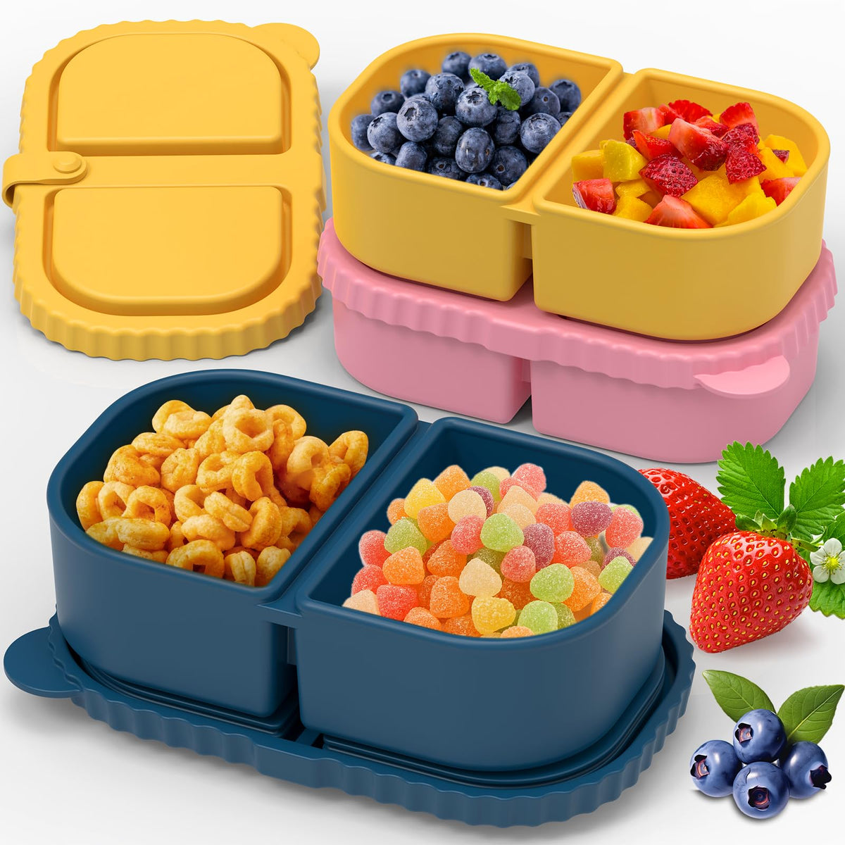 ICEROYCE 3-pack silicone snack containers with lids for durable, reusable storage.