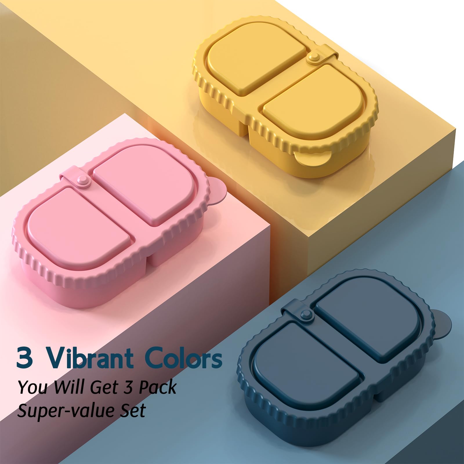 ICEROYCE portable silicone snack boxes in three colors for on‑the‑go meals.