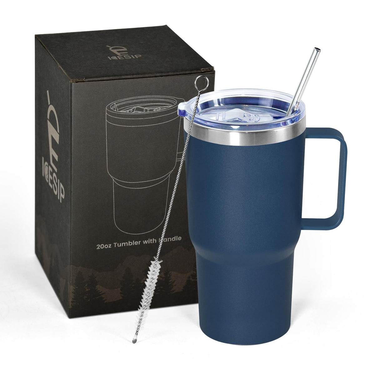 Icesip 20 oz tumbler with navy blue handle for easy on-the-go sipping