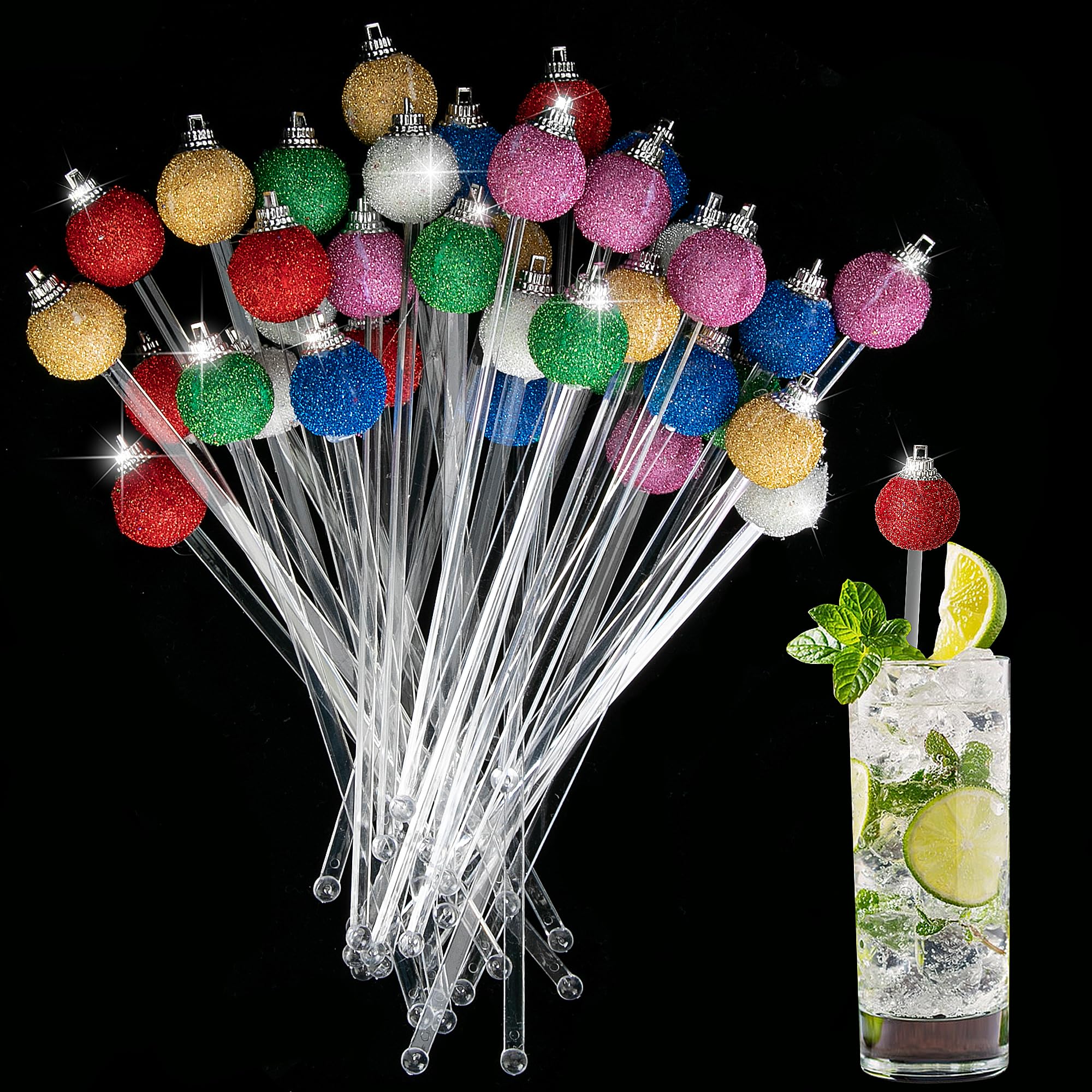 Iceyyyy Christmas glitter ball stirrer with white top for festive cocktails