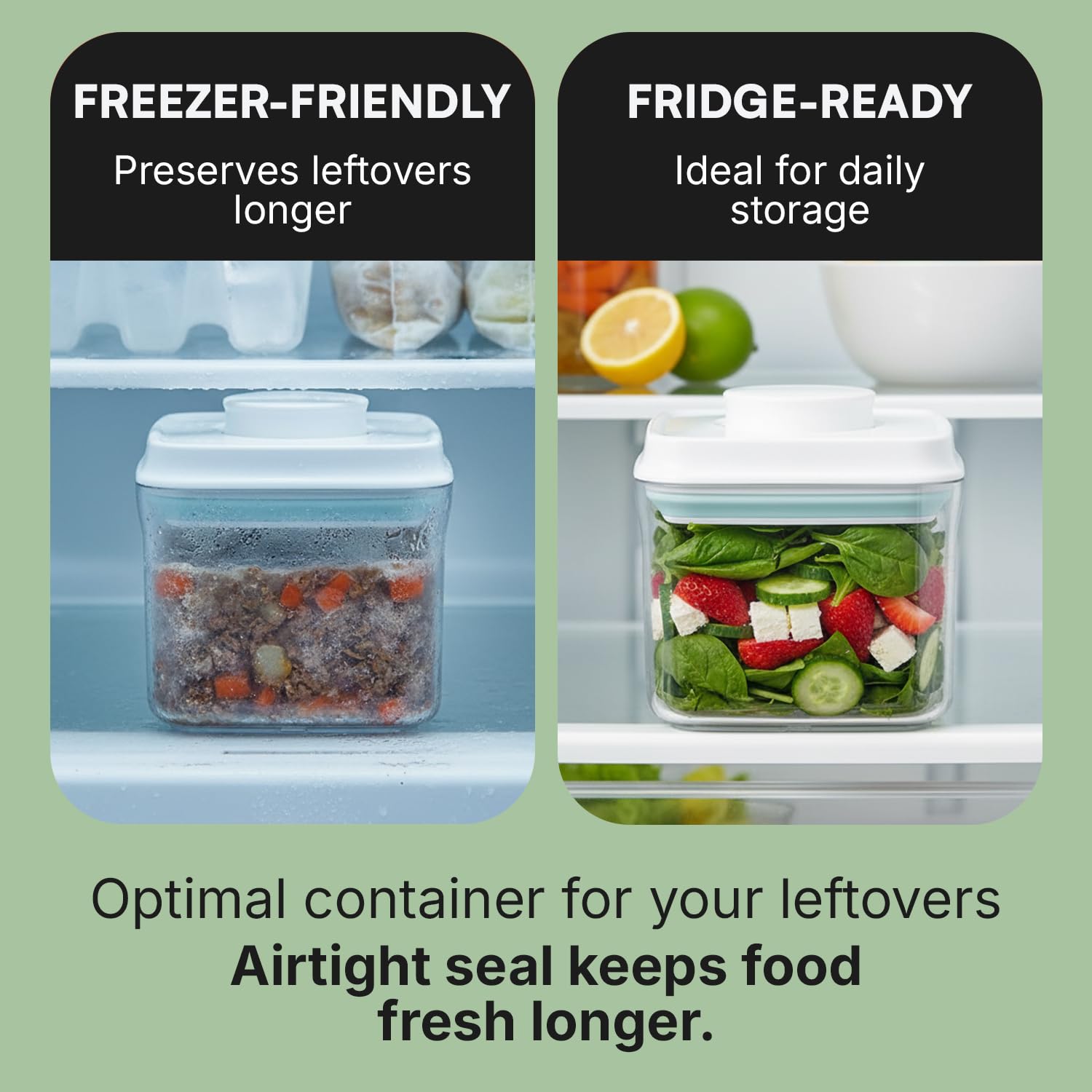 iChewie Bop Top stacks neatly for fridge and pantry organization.