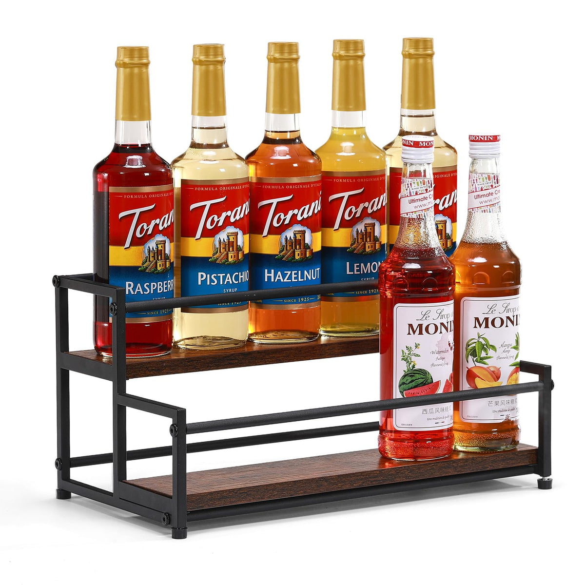 ICOHOT Coffee Syrup Rack 2-Tier displays bottles for quick, organized access.