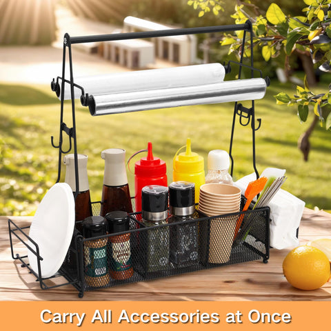 ICOHOT Grill Caddy with hooks keeps tools within reach during barbecues.