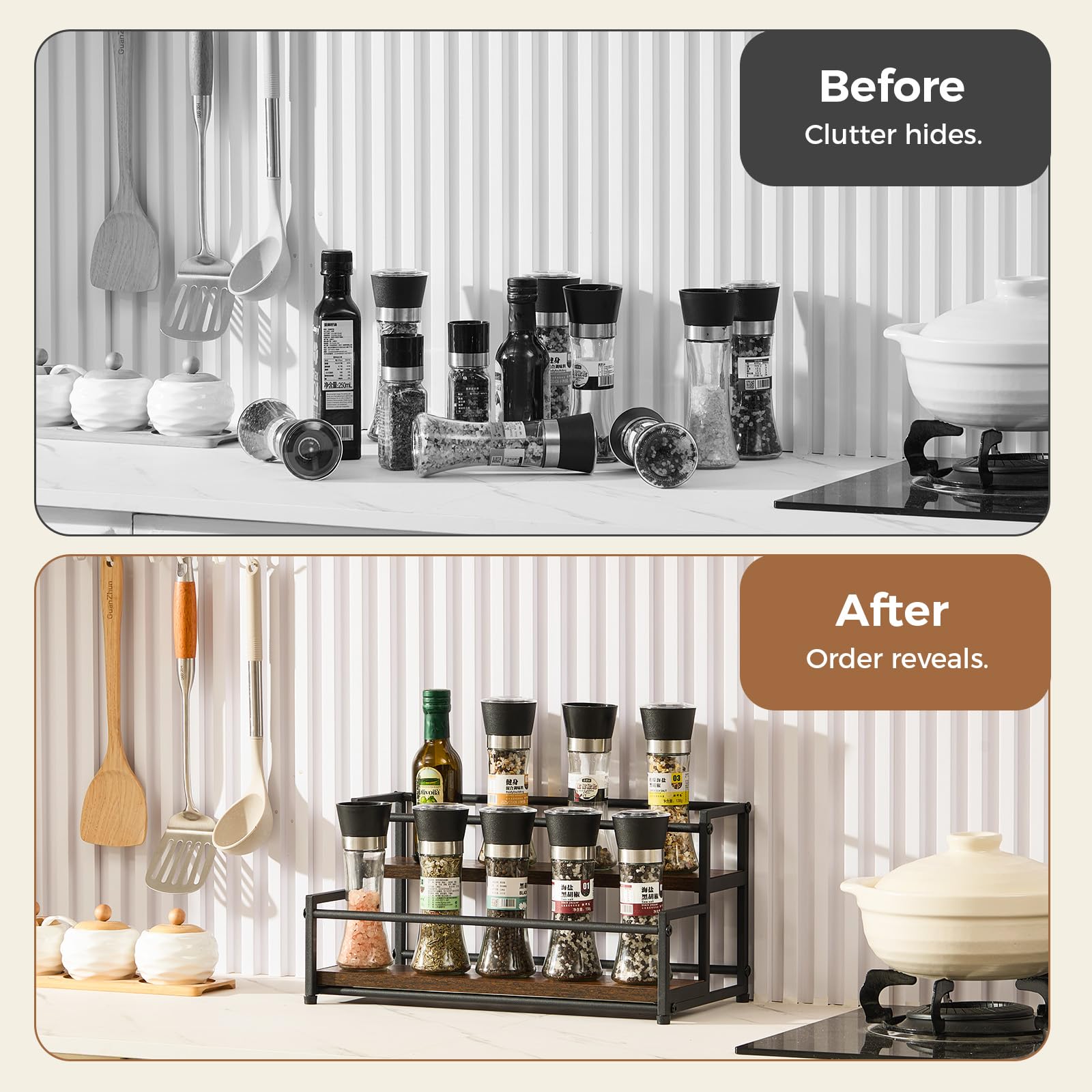 ICOHOT ready-to-use-rack keeps cups, spices, or toiletries neatly organized.