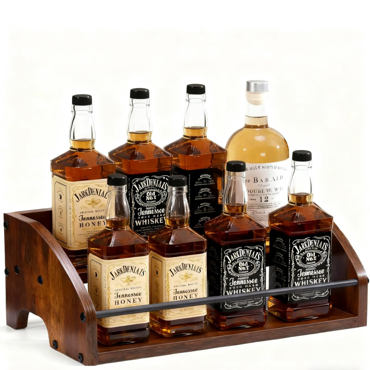 ICOHOT 2-tier wooden liquor display on a countertop showing organized bottle gallery.