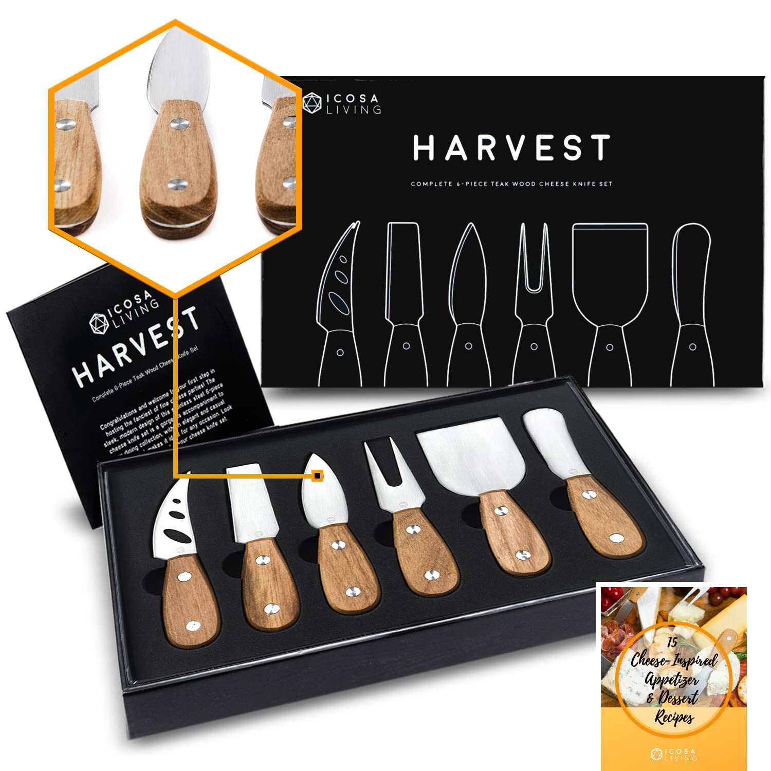 ICOSA Living Harvest cheese knives blades detail full tang strength for precise slicing.