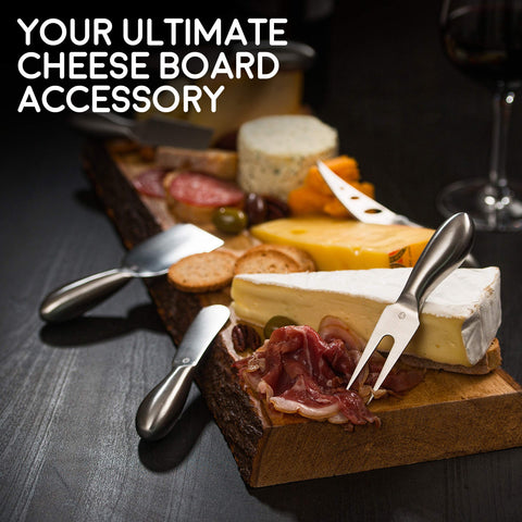 ICOSA Living Lunar cheese knife set on a stylish charcuterie board for entertaining.