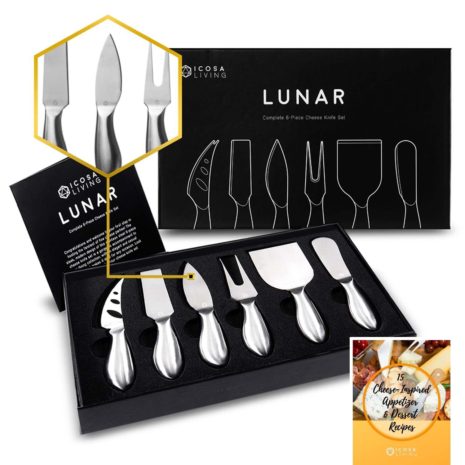 ICOSA Living Lunar cheese knife set packaging box, premium gifting appeal.