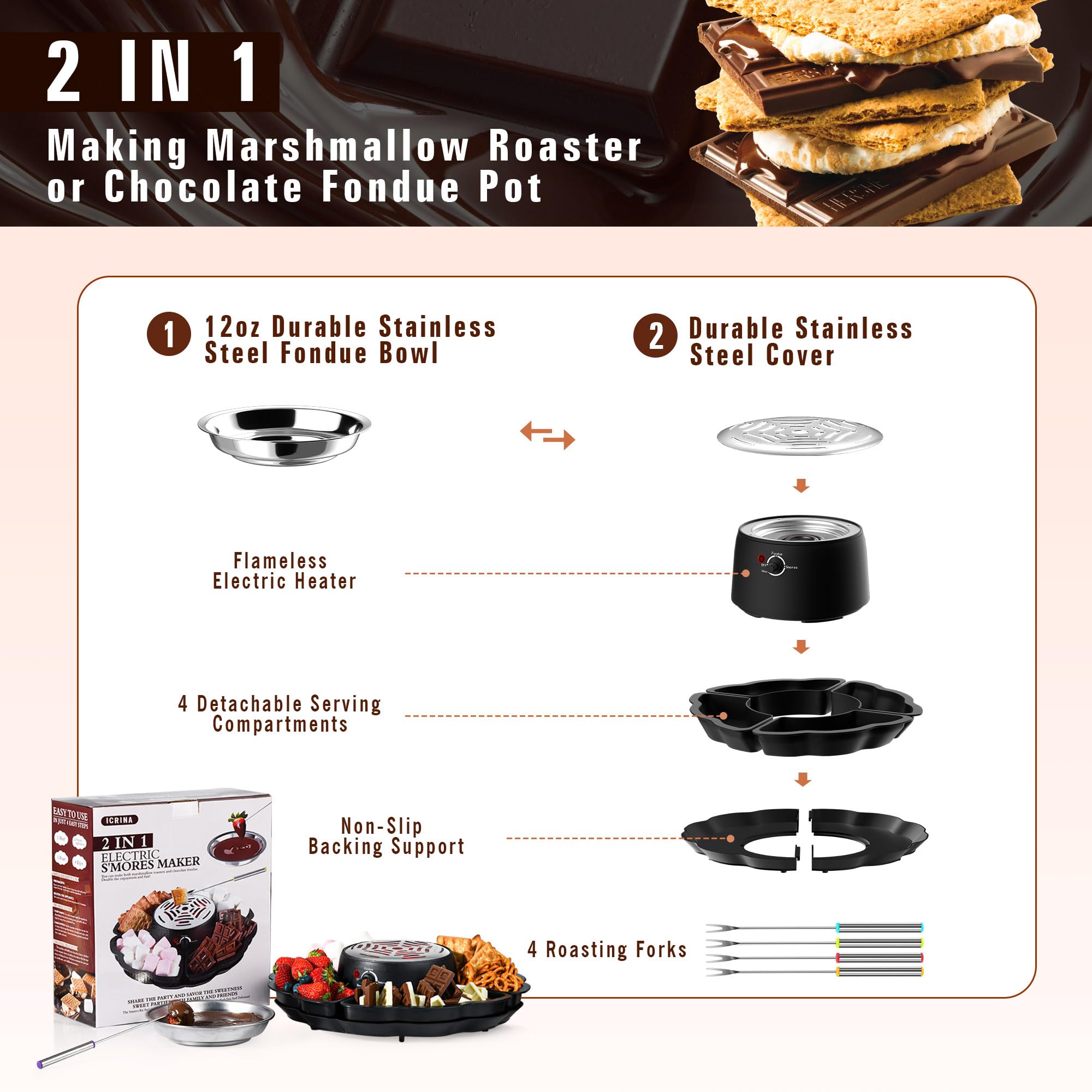 ICRINA flameless heater provides safe, controlled warmth for fondue and s'mores.