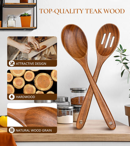 ICSTI teak slotted spoon drains liquids quickly while serving