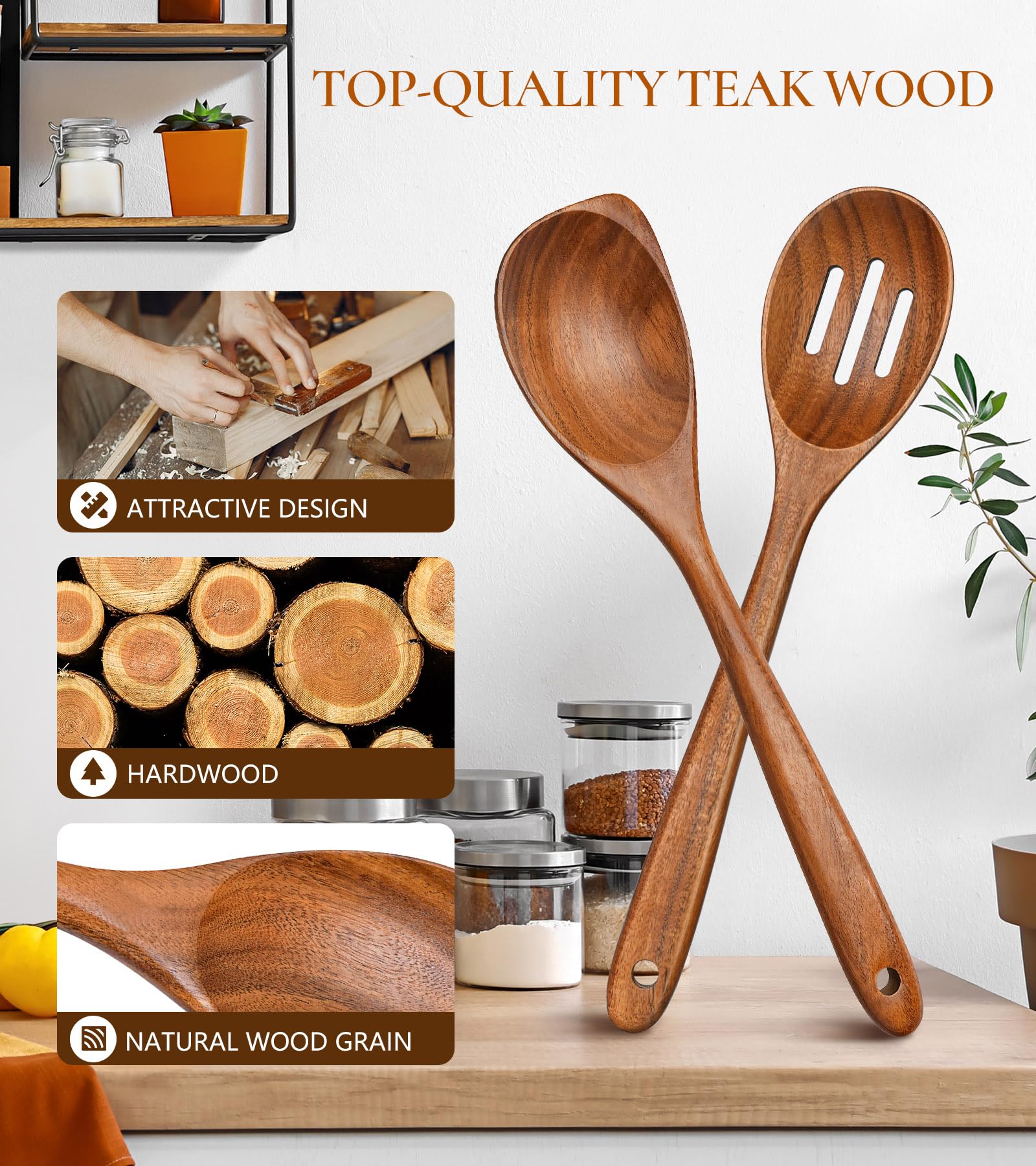 ICSTI teak slotted spoon drains liquids quickly for soups.