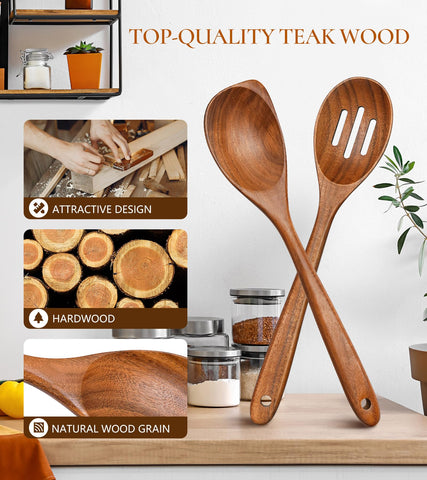 ICSTI teak slotted spoon drains liquids quickly for soups.