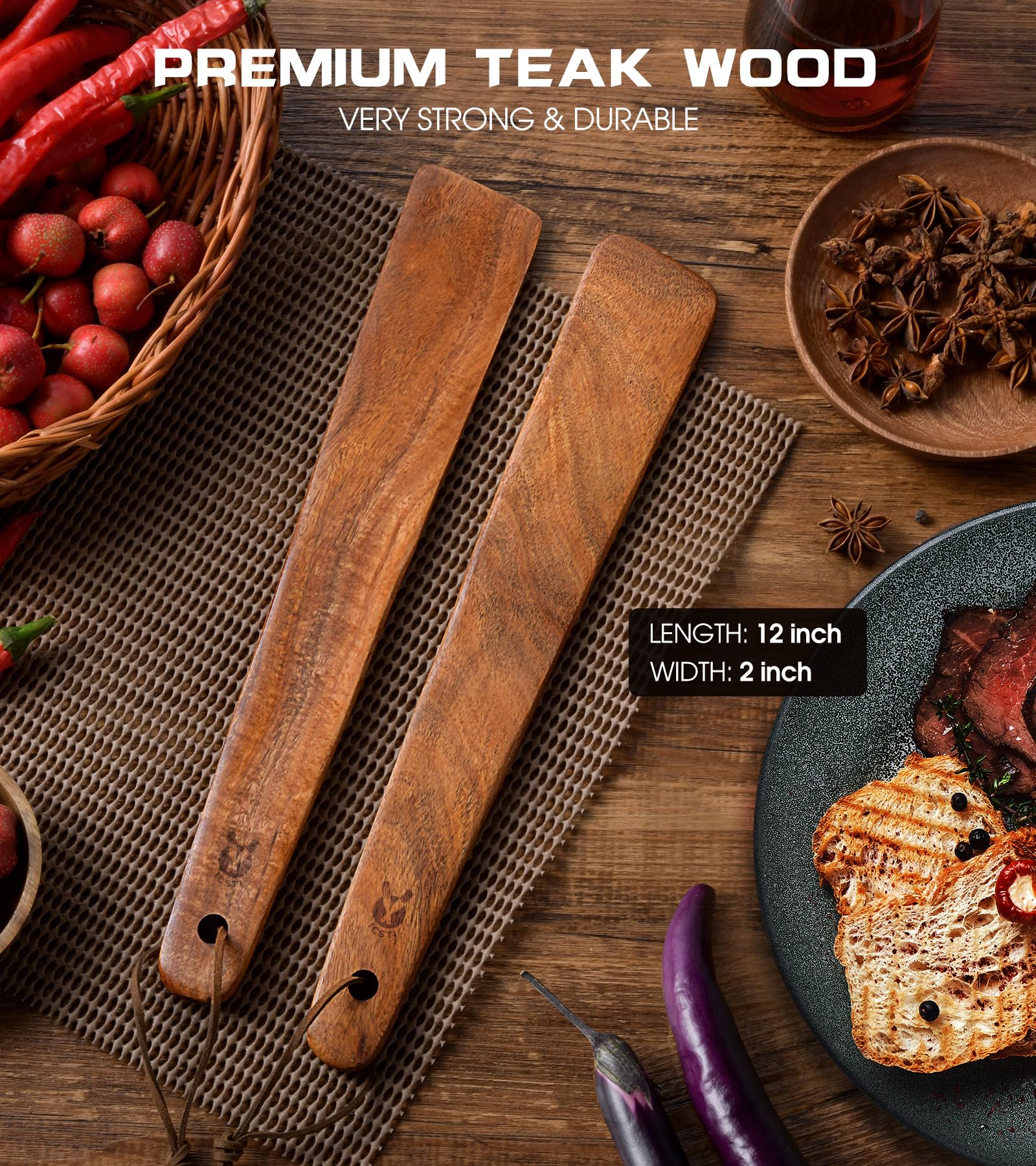 ICSTI teak spatula cast-iron scraper protects pan seasoning during cooking