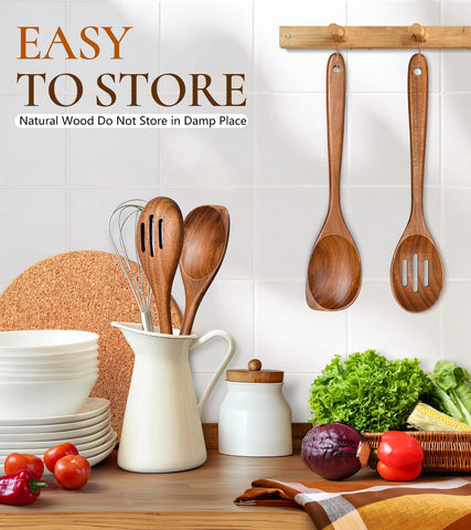 ICSTI teak spoons hanging for easy drying and storage.