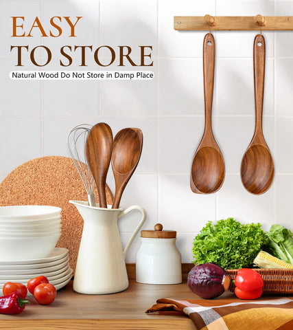ICSTI teak wood spoons hang neatly for quick access in the kitchen