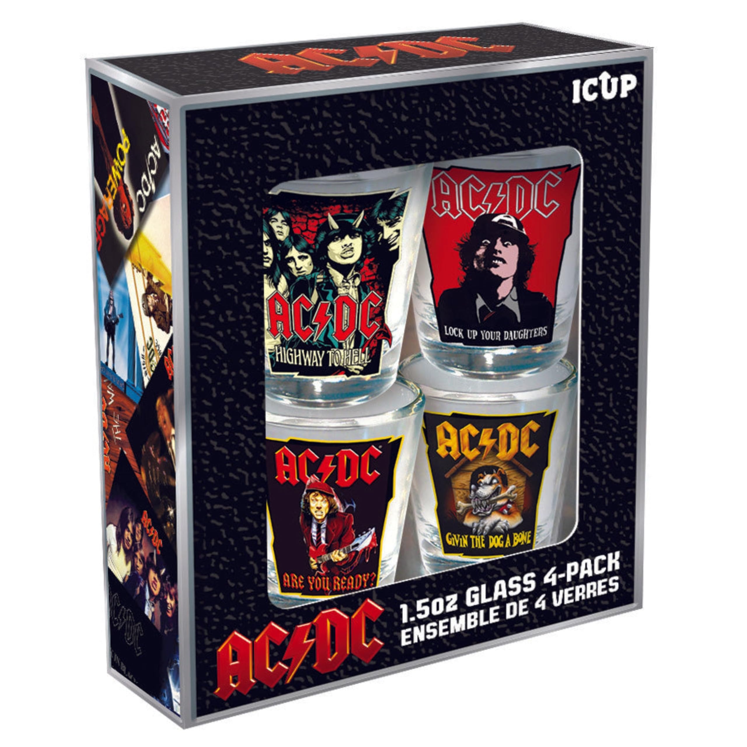 ICUP AC/DC Icons shot glasses: four 1.5 oz pieces for party toasts.