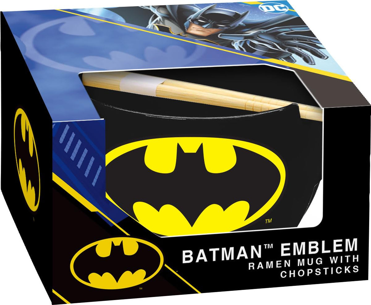 ICUP Batman emblem ramen mug with chopsticks for satisfying ramen meals.