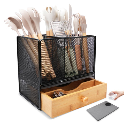 Idcymoul kitchen utensil holder with drawer showcases 2-in-1 design for organized counter space.