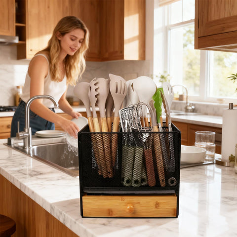 Idcymoul open utensil holder with drawer keeps frequently used tools within reach.
