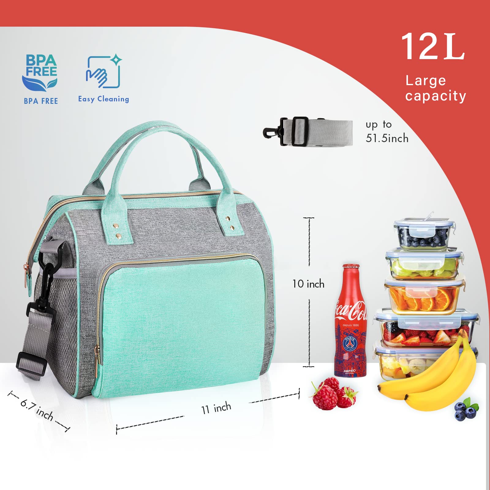 IDEATECH 12L capacity lunch bag showing roomy interior for meals.