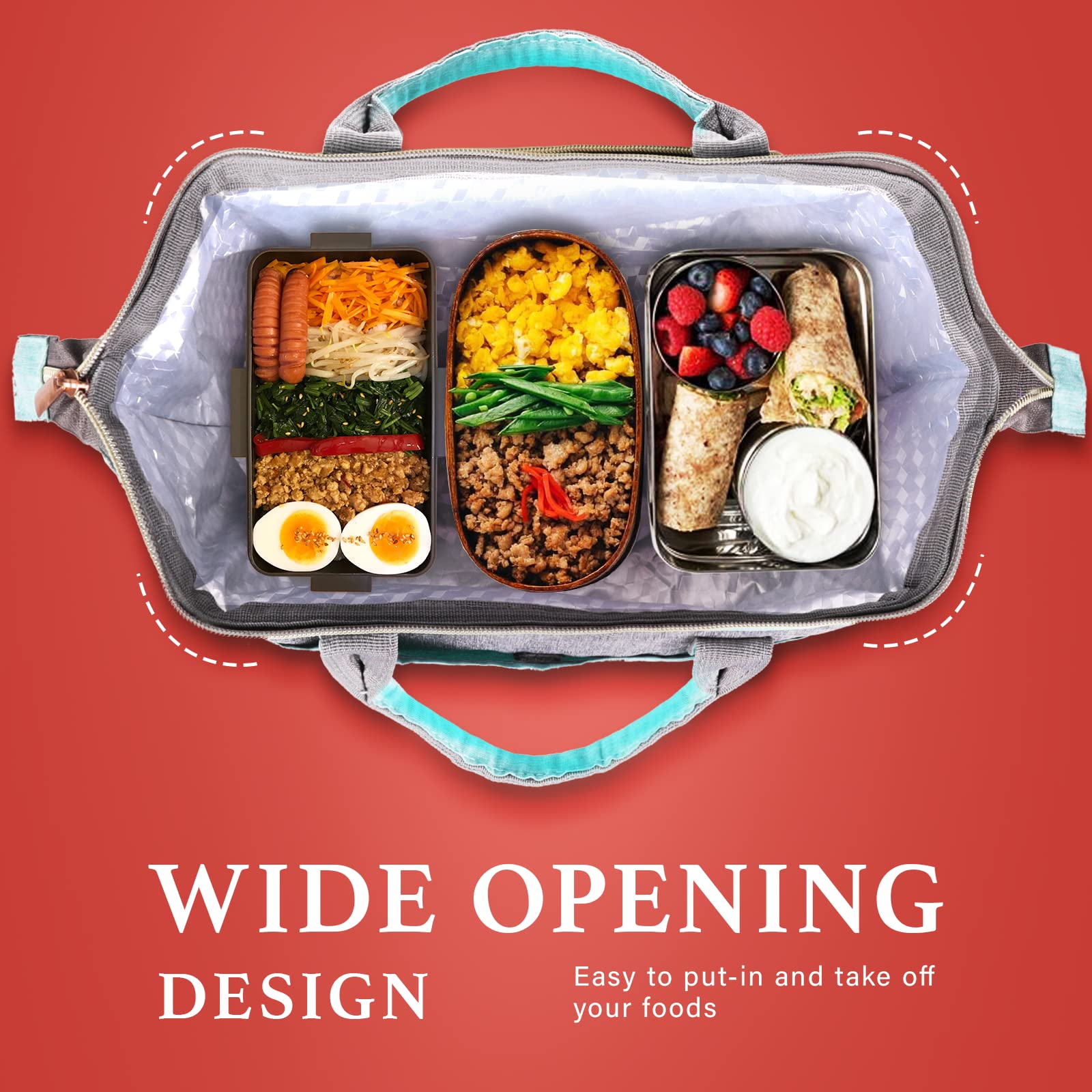 IDEATECH lunch bag exterior side pockets organizing a bottle and essentials.
