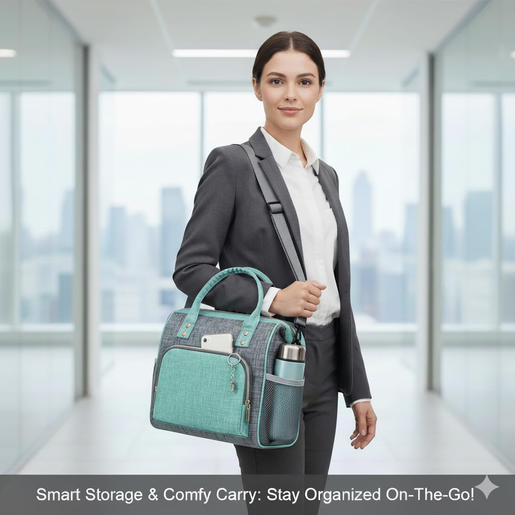 IDEATECH teal lunch bag with shoulder strap, easy commuting accessory.