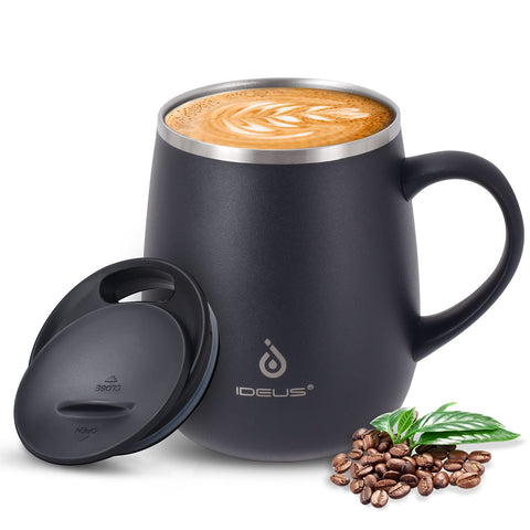 Ideus 16 oz insulated coffee mug in storm black keeps beverages hot during commutes.