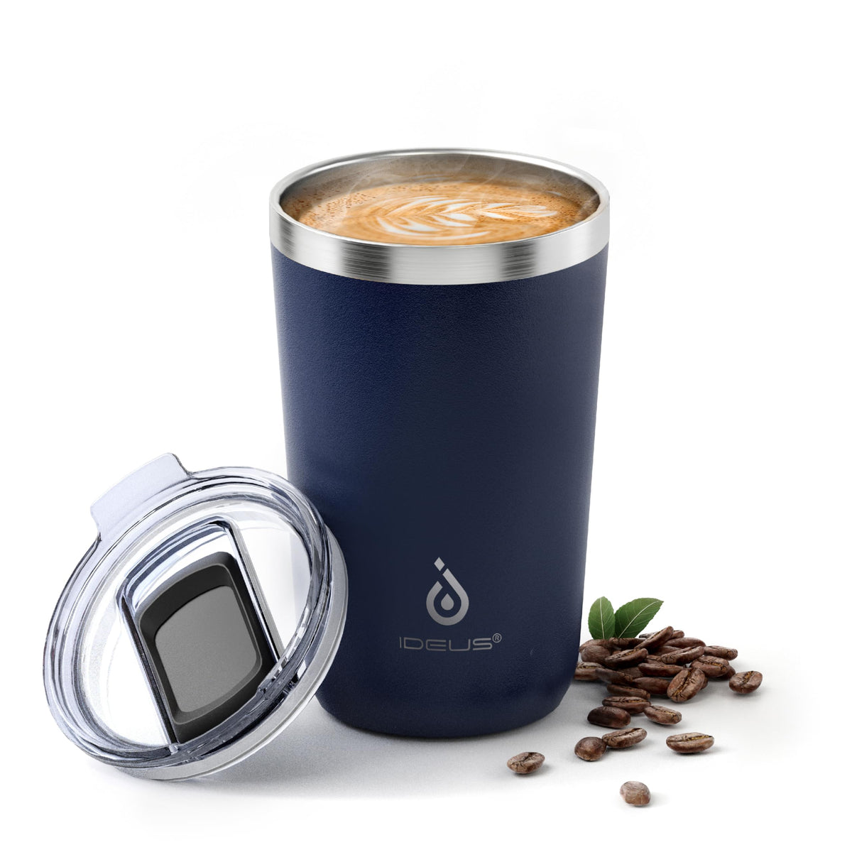 Ideus 20oz navy tumbler with splash-proof lid for on-the-go use.