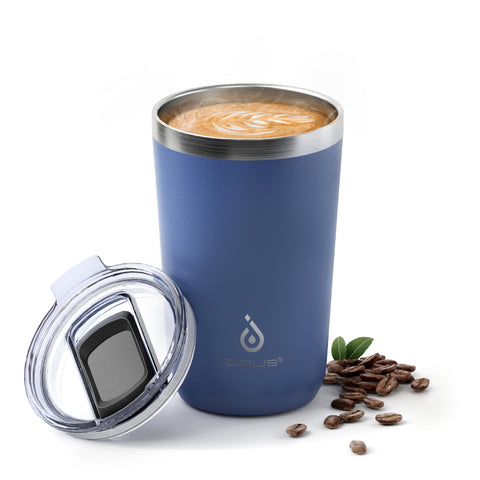 Ideus 20oz tumbler in ocean blue with splash-proof sliding lid, ideal for hot and cold beverages.