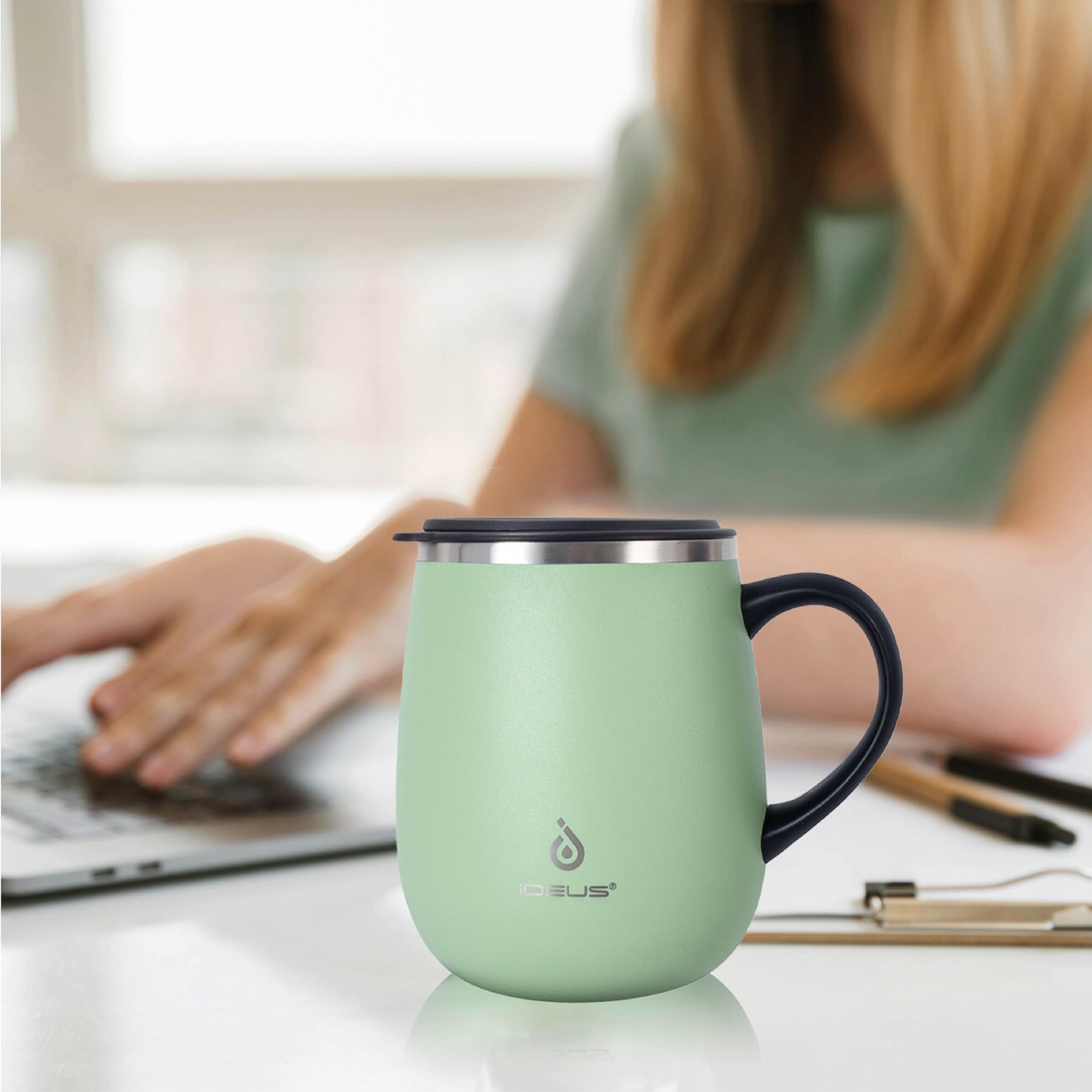 Ideus Avocado Green mug showing dishwasher-safe exterior and durable finish.
