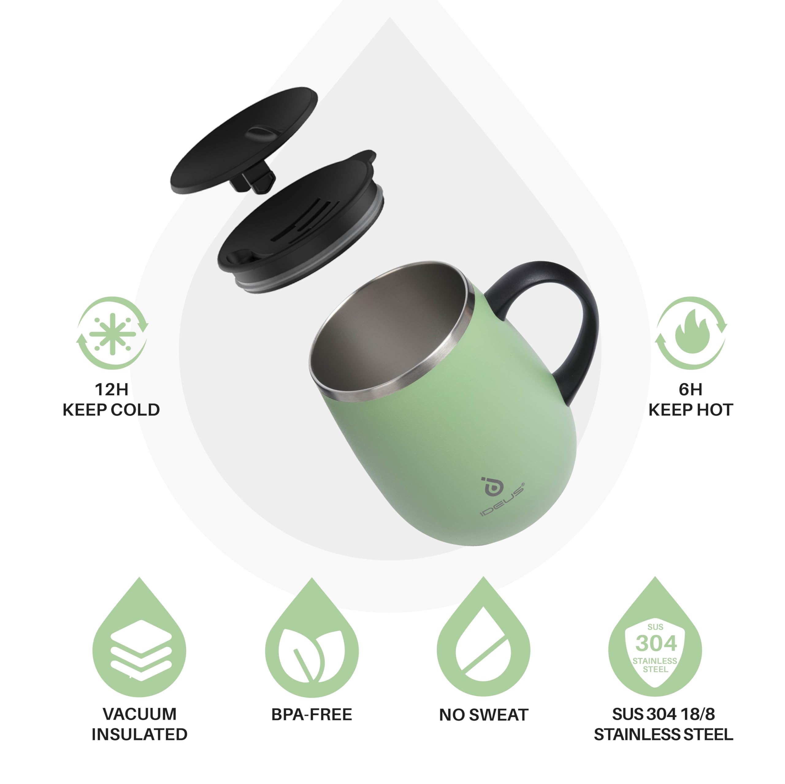 Ideus Avocado Green mug angled with open lid for easy filling and cleaning.