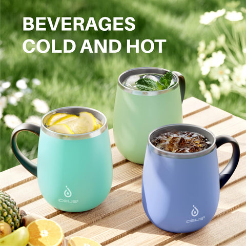 Ideus Avocado Green mug with no-sweat coating resisting condensation on hands.