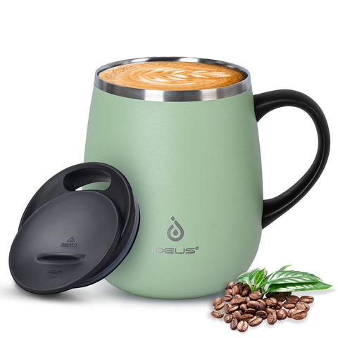 Ideus Avocado Green 16oz mug side view with ergonomic handle for everyday use.