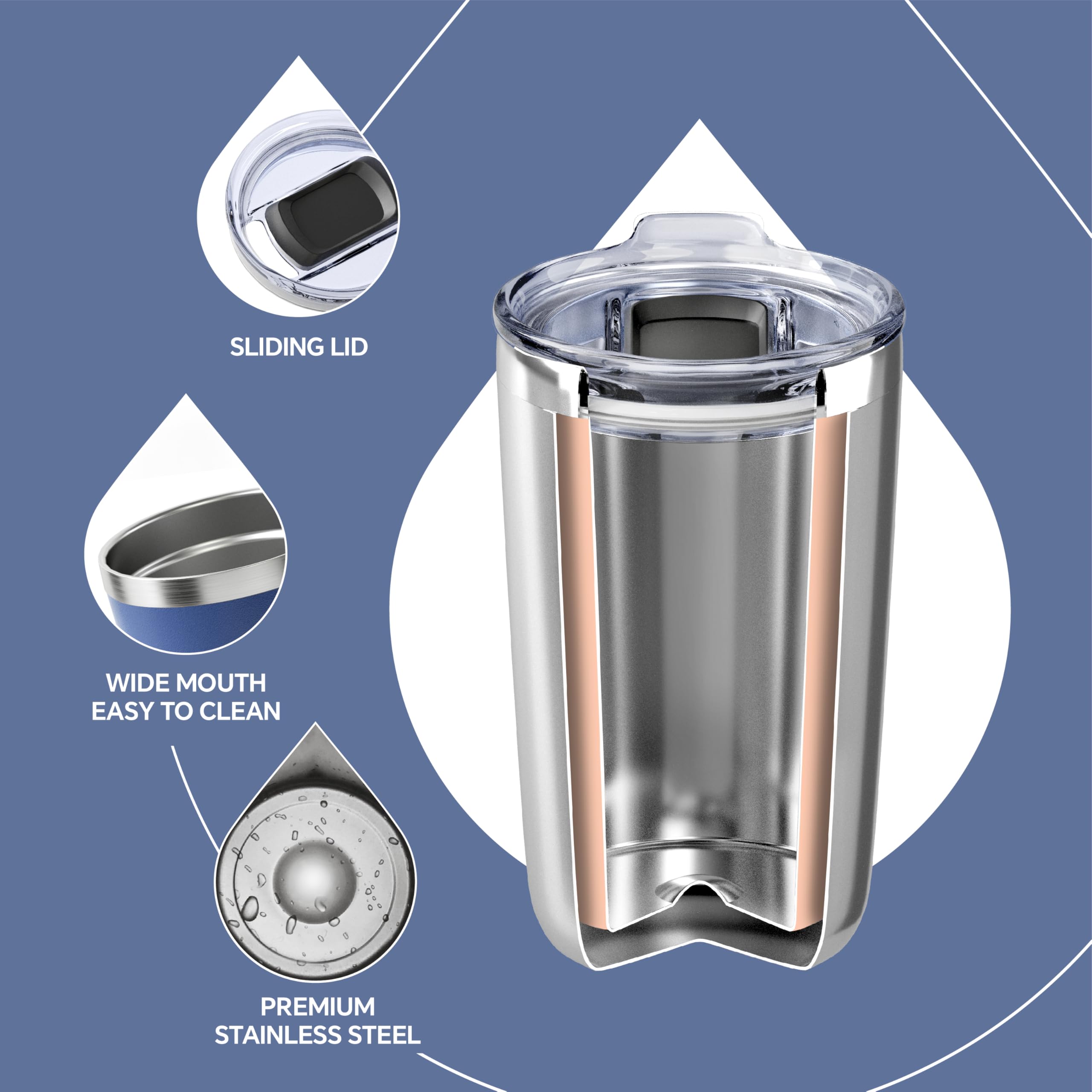 Double-wall vacuum insulation keeps beverages at stable temperatures for hours.