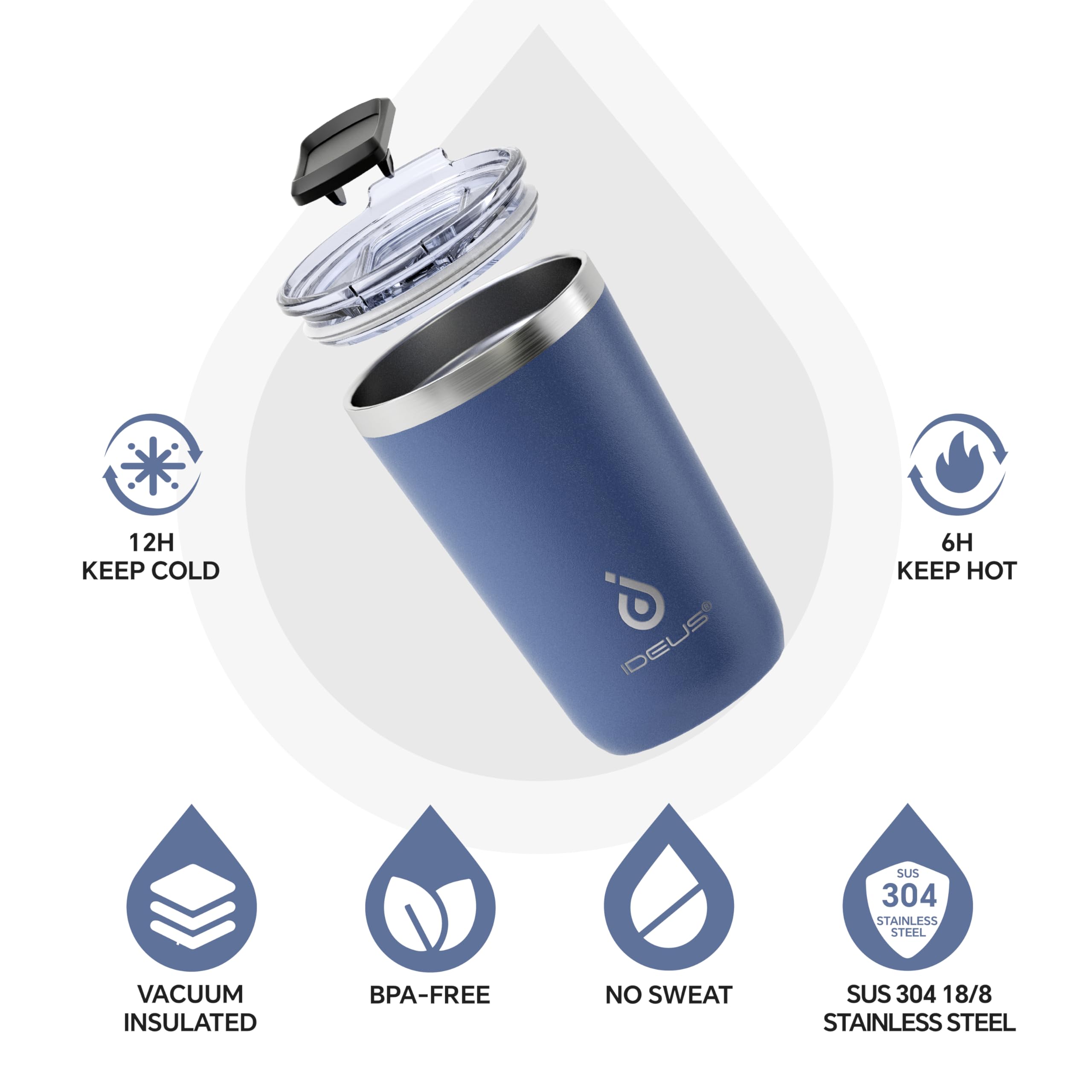 Close-up of splash-proof sliding lid on Ideus tumbler for spill prevention.