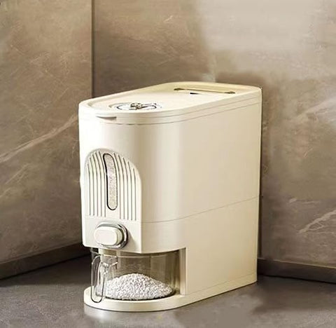 IEEK rice dispenser front view with measuring cup for portion control and visibility