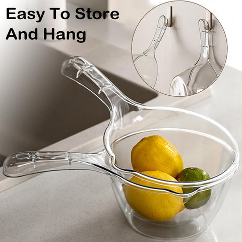 Iensen water ladle green in use for plant watering and produce washing.